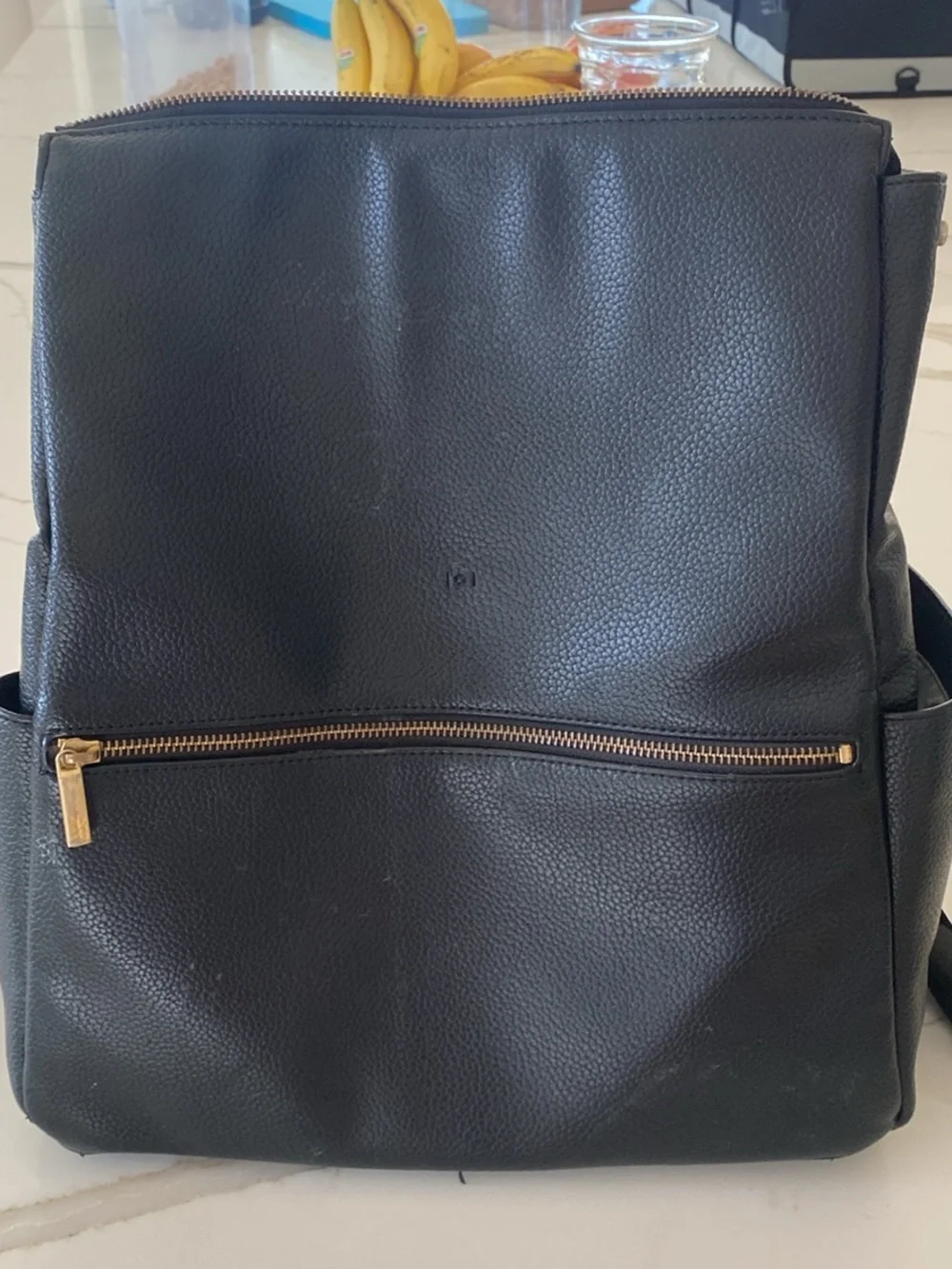 Freshly Picked Black Leather Baby Bag Backpack with Gold Hardware